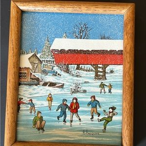 H.Hargrove Painting On Canvas;Ice-skating children on the pond; original signed;